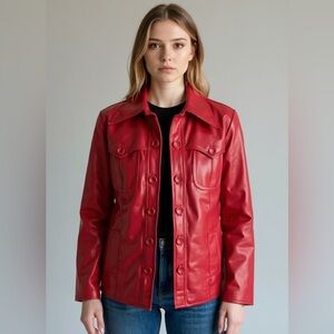 Vtg Women’s Parthenon Red Vinyl-Leather Jacket Retro '70’s Coat Sz 12 Mod /Go-Go